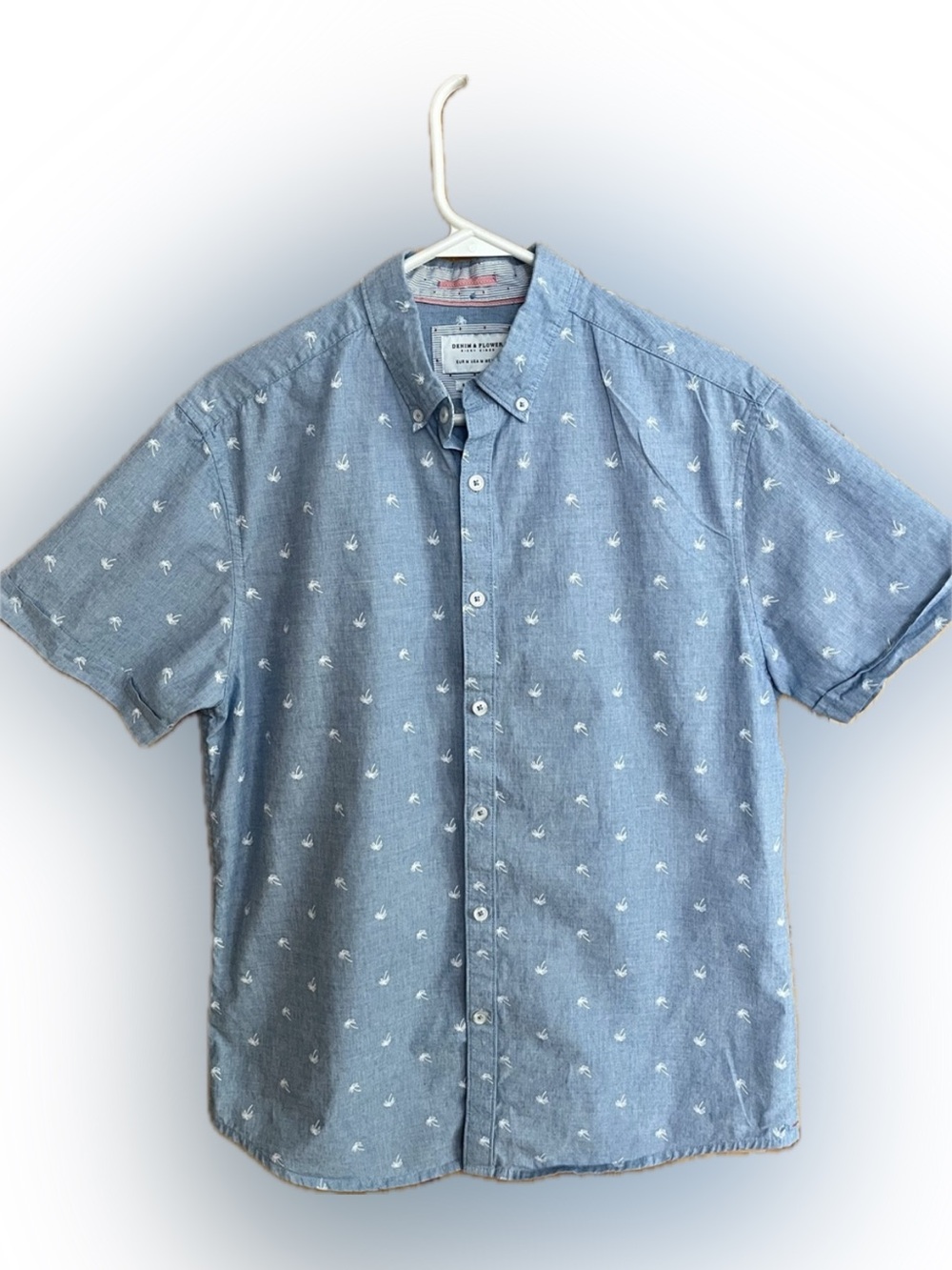 Denim & Flower Ricky Singh Blue Chambray Palm Tree Button Up Shirt Slim Fit M